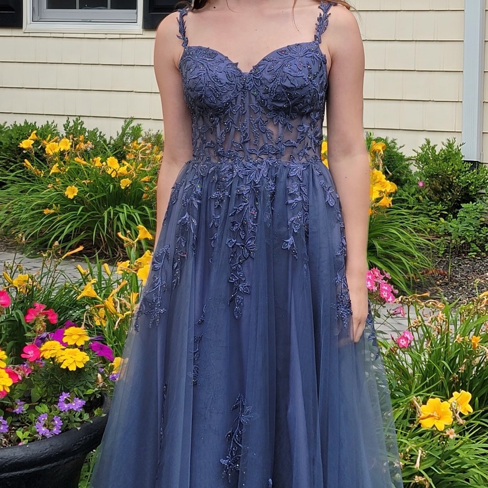 Elegant slate blue gray Gown, tulle, long, gown, prom dress, sparkly